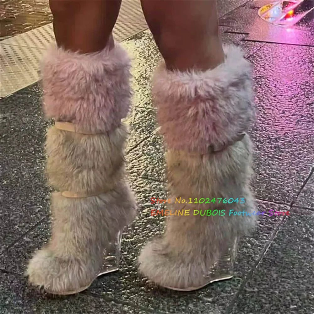 Faux Pelz Dekor Keilabsatz Kniehohe Stiefel Frauen Winter Neue Warme Runde Kappe Gürtelschnalle Plattform Laufsteg Party Lange Booties