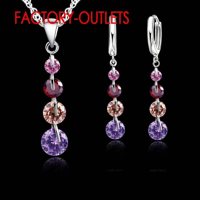 925 Sterling Silver Pendant Necklaces Hoop Earrings Set  Fashion Jewelry Round CZ Crystal Women Girls Engagement Anniversary