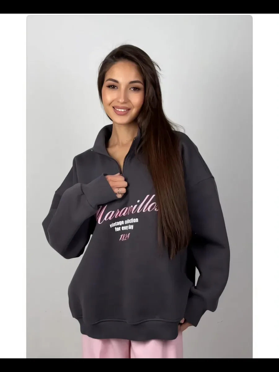 3 สีคอปกครึ่งเปิดซิปเสื้อกันหนาวอเมริกา Retro Letter พิมพ์เสื้อแขนยาวฤดูใบไม้ร่วงฤดูหนาวหลวมสบายๆ