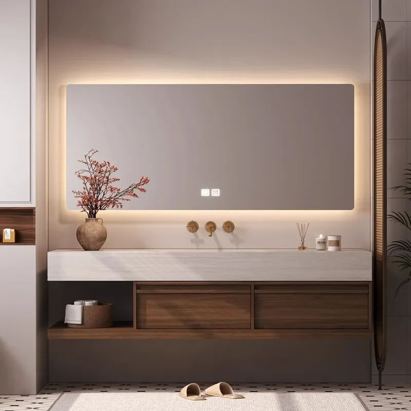 Nordic Luxury Bathroom Vanity with Sintered Stone Top Seamless Ceramic Integrated Basin Modern Washstand for Home