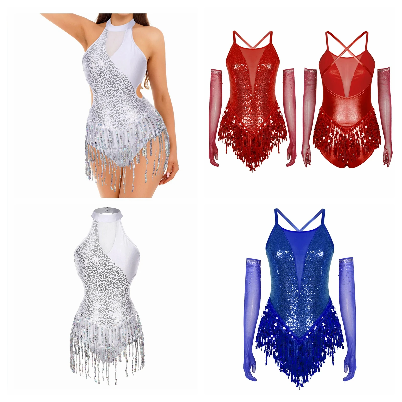Women Samba Ballroom Latin Dance Fringed Costume Rumba Sequins Leotard Tango Bodysuit Cha-Cha Dancing Stage Performance Gloves