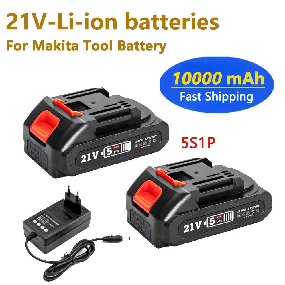 

21V 10000mAh Large Capacity Rechargeable Lithium Ion Battery for Makita 18V 21V Electric Power Tool Battery EU/US/AU/UK Plug