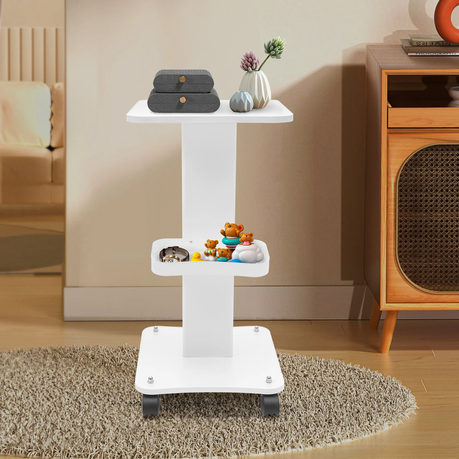 

Beauty Salon Trolley Cart, White Rolling Cart with Wooden Shelves, Mobile Storage Stand for Salon Clinic Tools, 40kg Capacity