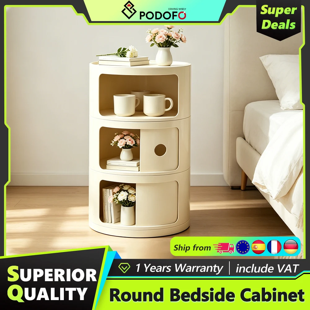 Podofo Nordic Ins Mehrschichtiger runder Nachttisch mit Stauraum, kreativer kleiner Kunststoff-Beistelltisch für Schlafzimmer, Nachttisch, Aufbewahrungsschrank, tragbare Nachttische, Möbel
