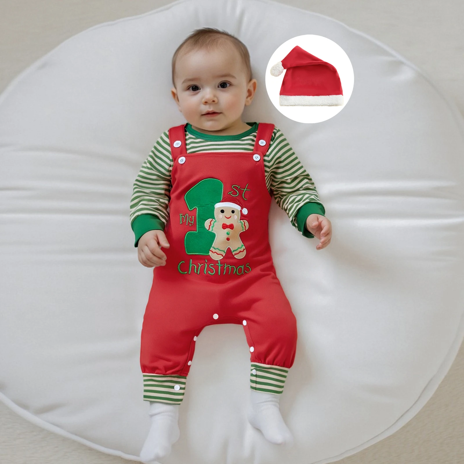Vêtements pour bébé garçon, barboteuse à manches longues, rayures de noël, broderie de chiffres, pantalon et chapeau, tenue 3 pièces, vêtements pour nouveau-né