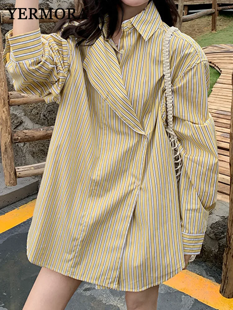 

YERMORA желтая полосатая искусственная блузка из двух предметов для женщин, свободная новая рубашка с длинными рукавами и лацканами, модная весна-осень 2025