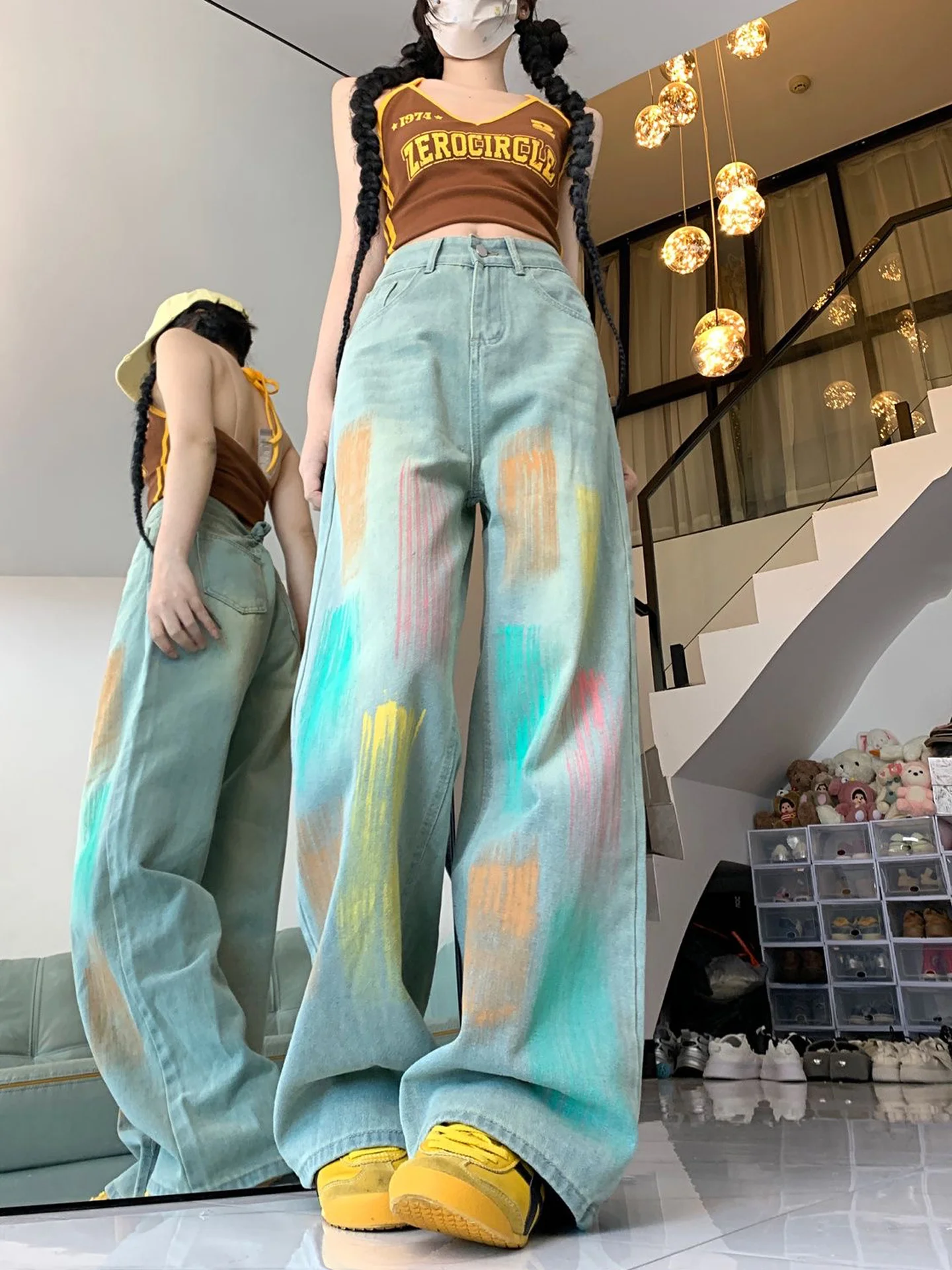 Rainbow Gradient Color Denim Jeans High Waist Wide Leg Loose Fit Women's Autumn New Style Washed Vintage Straight Leg Pants