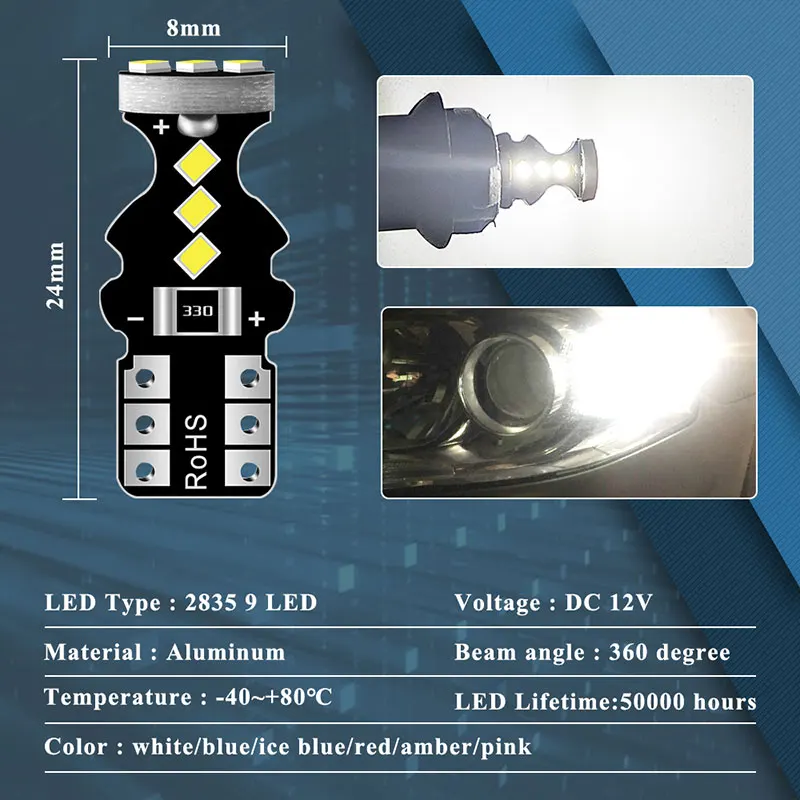 2/10 Uds T10 W5W LED 194 luz Interior del coche Canbus lámpara de techo de lectura automática lámpara de matrícula superbrillante 12V DRL 9SMD sin Error