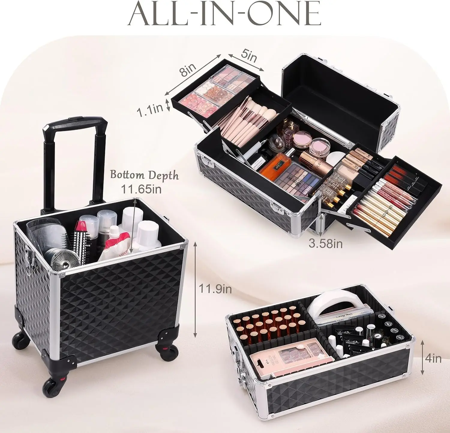 3 In 1 Professional Rolling Makeup Train Case Aluminum Trolley 360 Rotation Wheels Makeup Artist Cosmetic Suitcase Organizer Loc