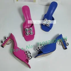 Metal Ball Decorated Square Toe Slippers Women Luxury High Heels Novelty Shoes Holiday Casual Elegant Newest Slippers For Ladies