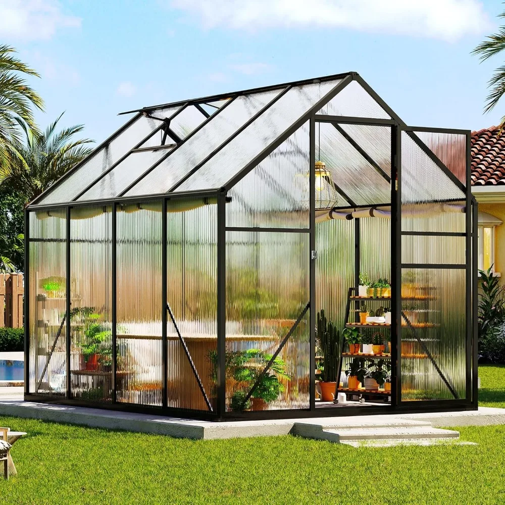 

6x8x6.3 FT Ft Polycarbonate Greenhouse for Outdoors, Walk-in Design with Aluminum Frame, 2 Windows and Swing Door