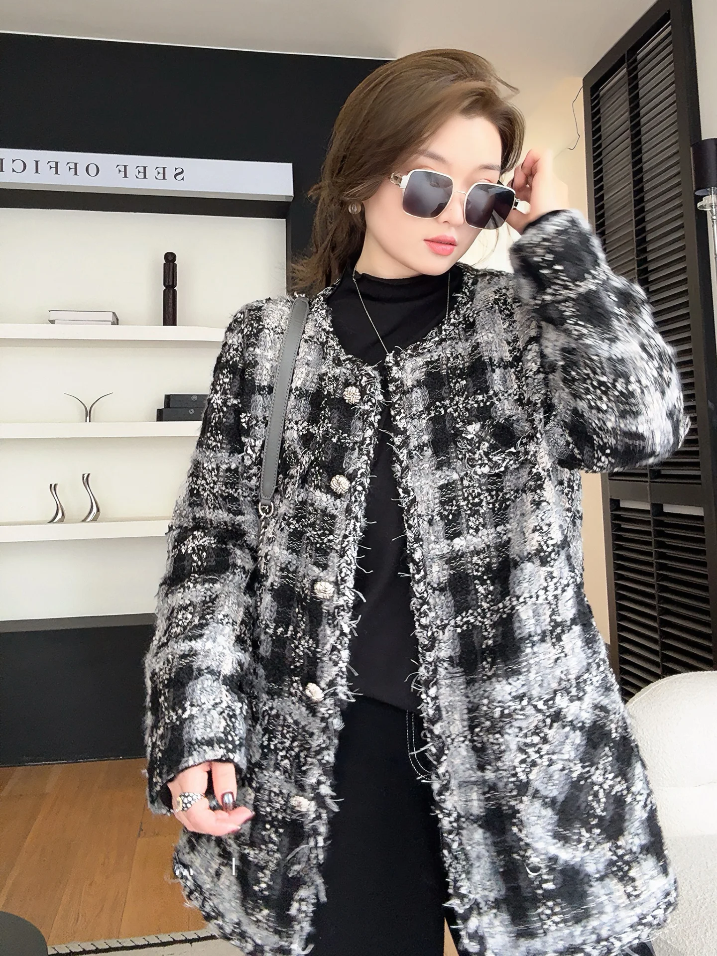 

Miss ng Large Size Women's Faion Outerwear Tweed Plaid irt Bla White Autumn New Sle Commute Loose Fit Long Sve