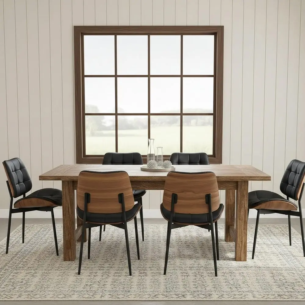 

Mid-Century Modern Leather Dining Chairs Set of 6 with Walnut Bentwood Backs and Metal Legs for Dining Rooms, Cafes, Black