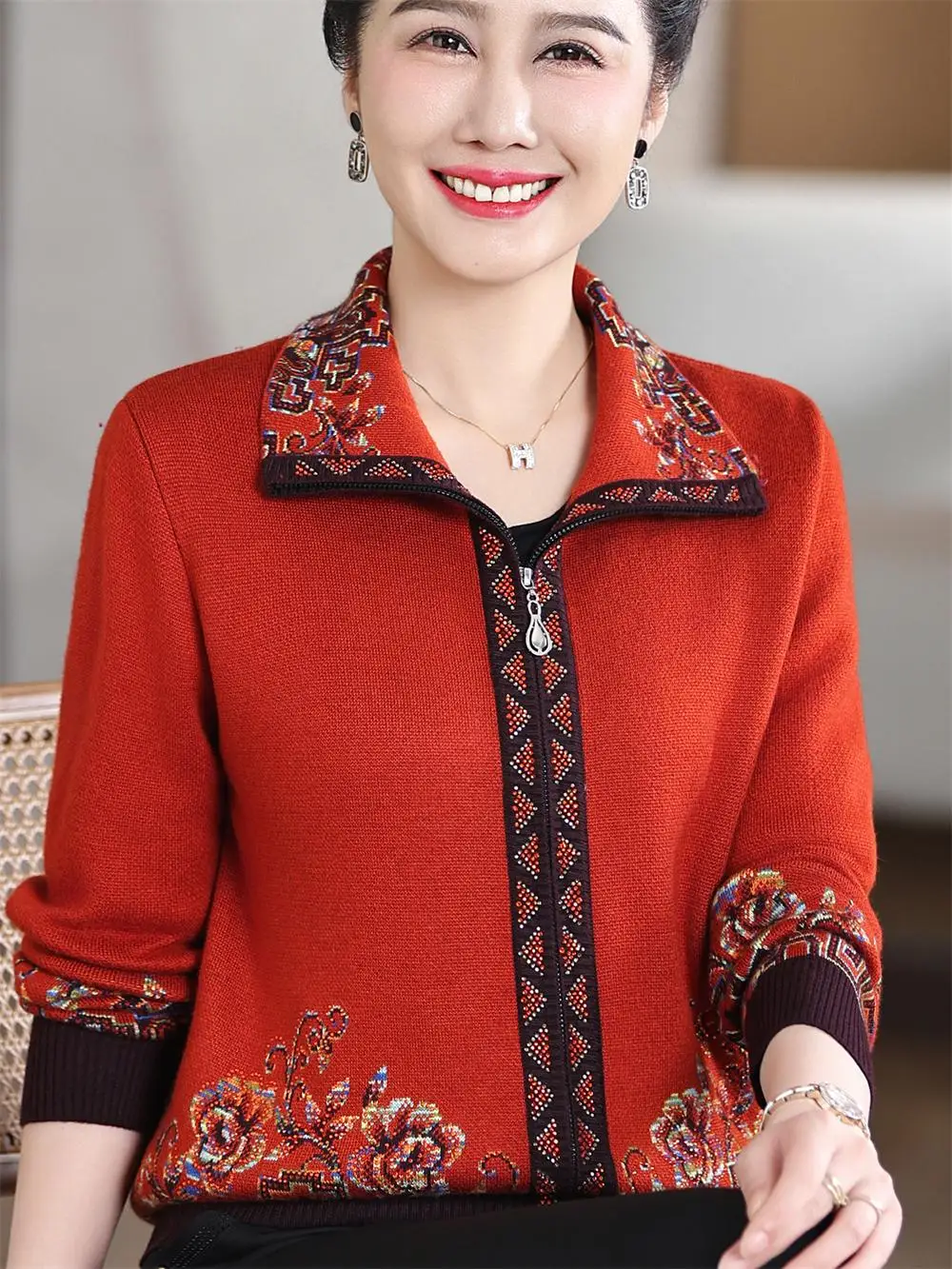

Модный шерстяной кардиган на молнии, открытая верхняя одежда для женщин среднего возраста и ли, осенне-зимний свитер с воротником