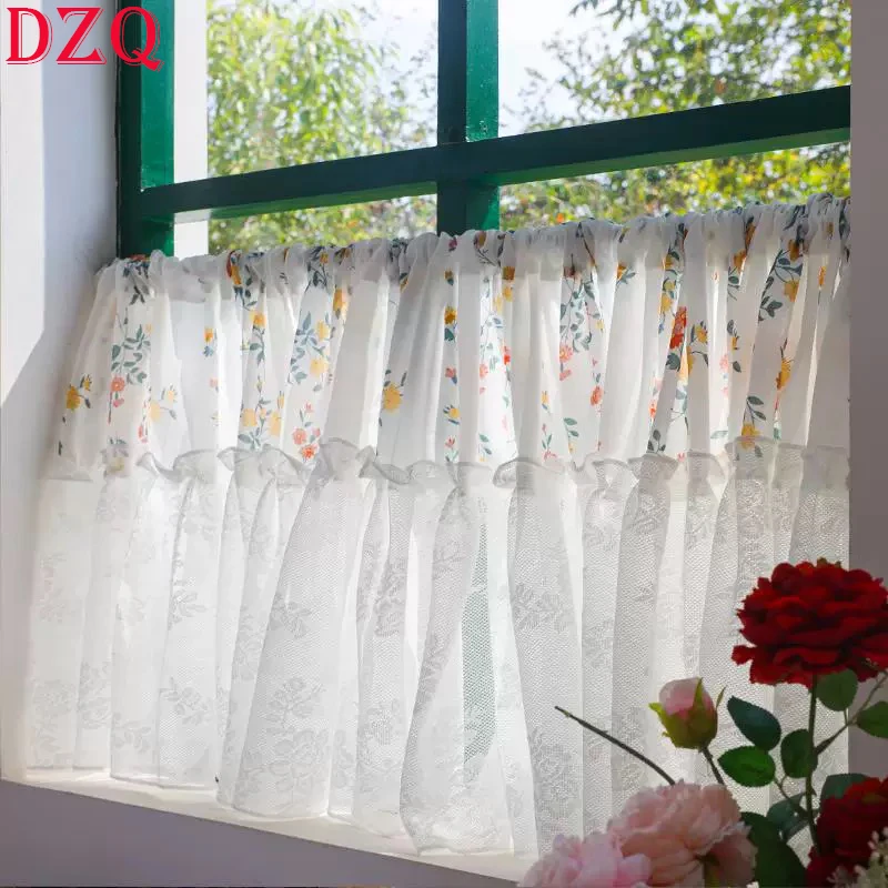 

Korean Floral Patchwork Lace Short Curtains Pastoral Flowers Lace Yarn Half Curtains for Kitchen Valance #A600