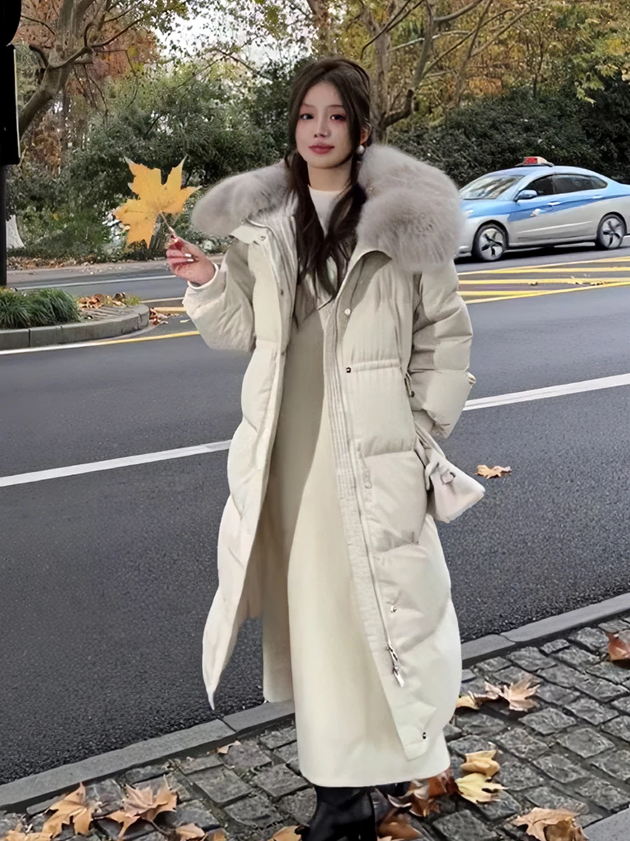 

Теплое длинное зимнее хлопковое пальто в Корейском стиле для поездок на работу, повседневное женское пальто со съемным меховым воротником длиной выше колена