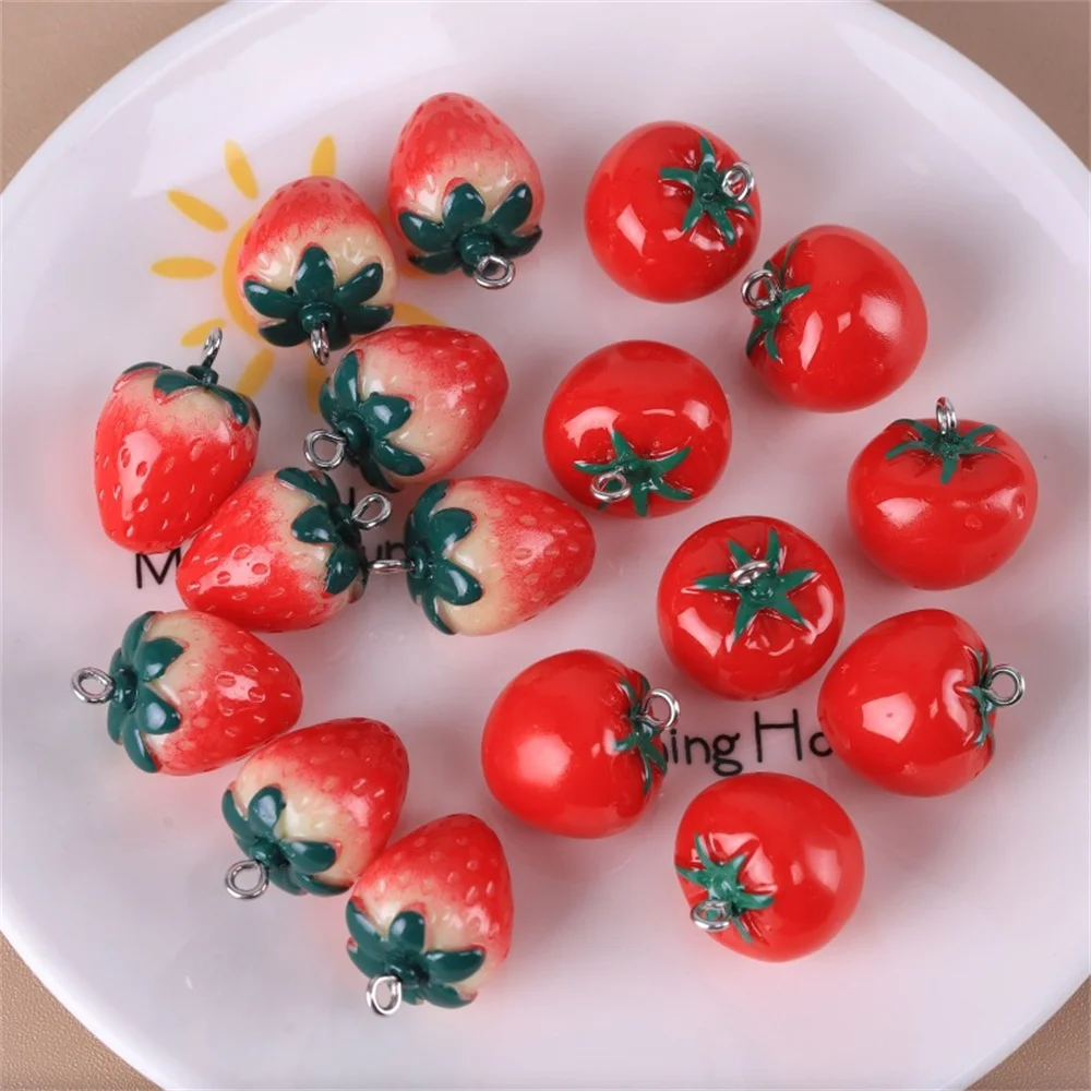 10 Piezas de Lindos Colgantes de Resina Acrílica en Forma de Fresa y Tomate Rojos para Hacer Joyería, Aretes, Collares y Accesorios DIY