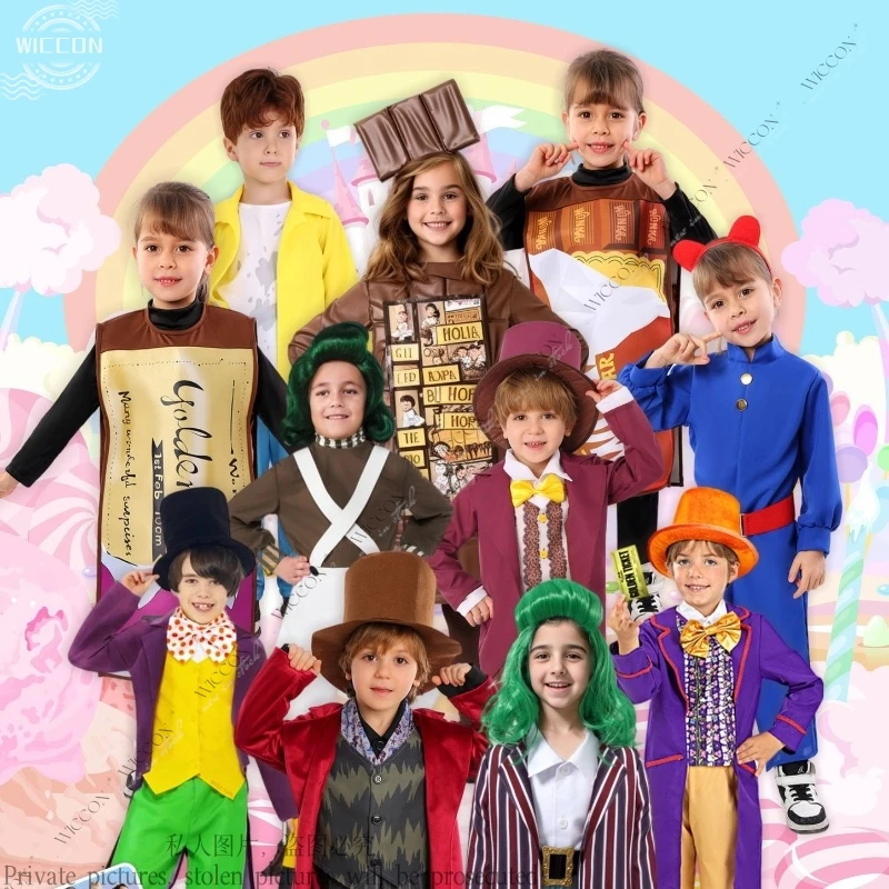 

Chocolate Factory Willy Cosplay Costume Charlie Uniform Child Role Play Outfit Full Suit Halloween Masquerade Kid Cloth Jumpsuit