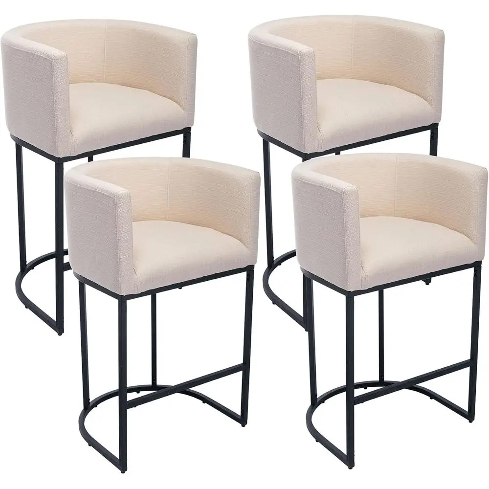 

Set of 4 Cream Linen Upholstered Bar Stools with Barrel Back, Arms, and 4.5 Seat Cushion for Kitchen Island
