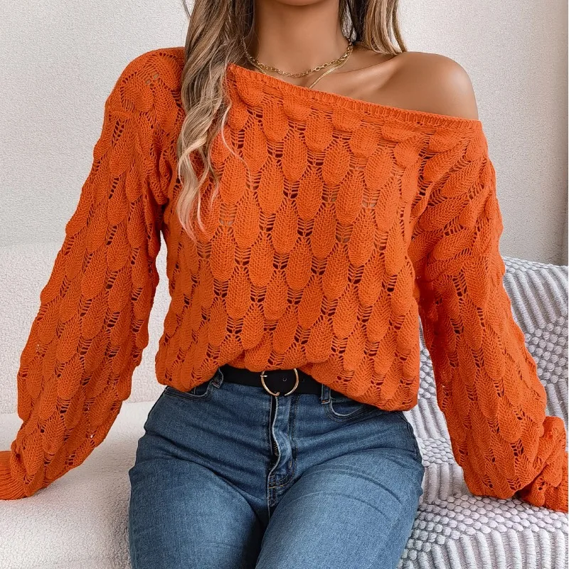 Autumn and Winter Women\'s Pullover Solid Color Hollow Out One Line Neck Off Shoulder Lantern Long Sleeve Sweater Knitted Tops