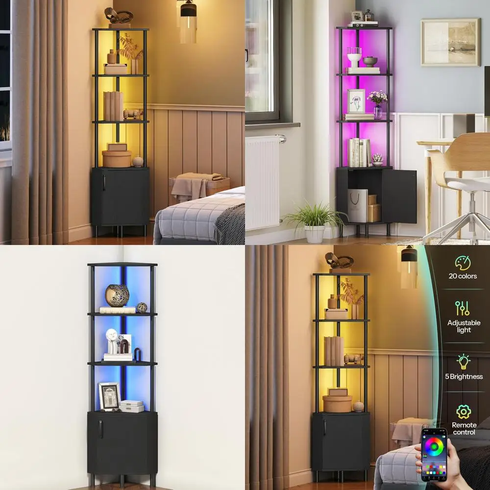 

Светодиодный стеллаж с подсветкой, 5-ярусная промышленная книжная полка, высокая витрина 59 дюймов, подходит для гостиной и