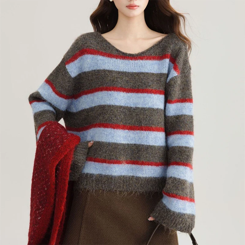 

2025 New Stripe Printed Knitted Sweater for Woman Harajuku Loose O-Neck Pullover Autumn Winter Y2K Contrasting Streetwear Tops