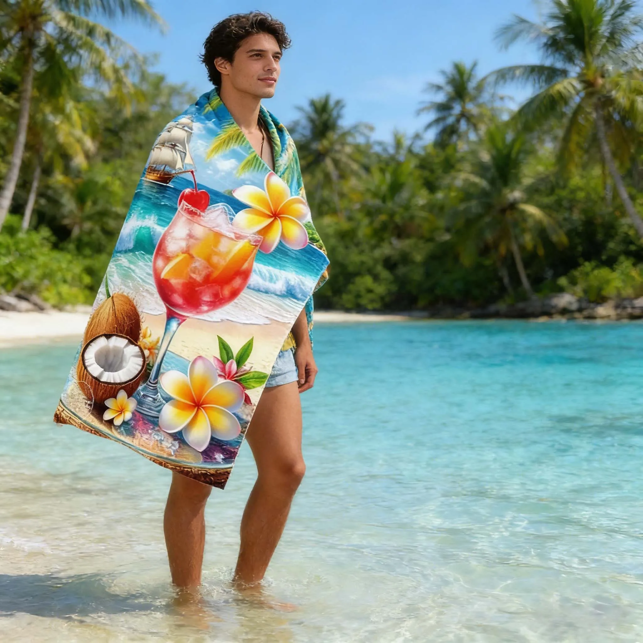 Ultra-Soft Microfiber Highly Absorbent Quick-Drying Vintage Seaside Cocktail Coconut Pattern Lightweight Portable for Beach Camp