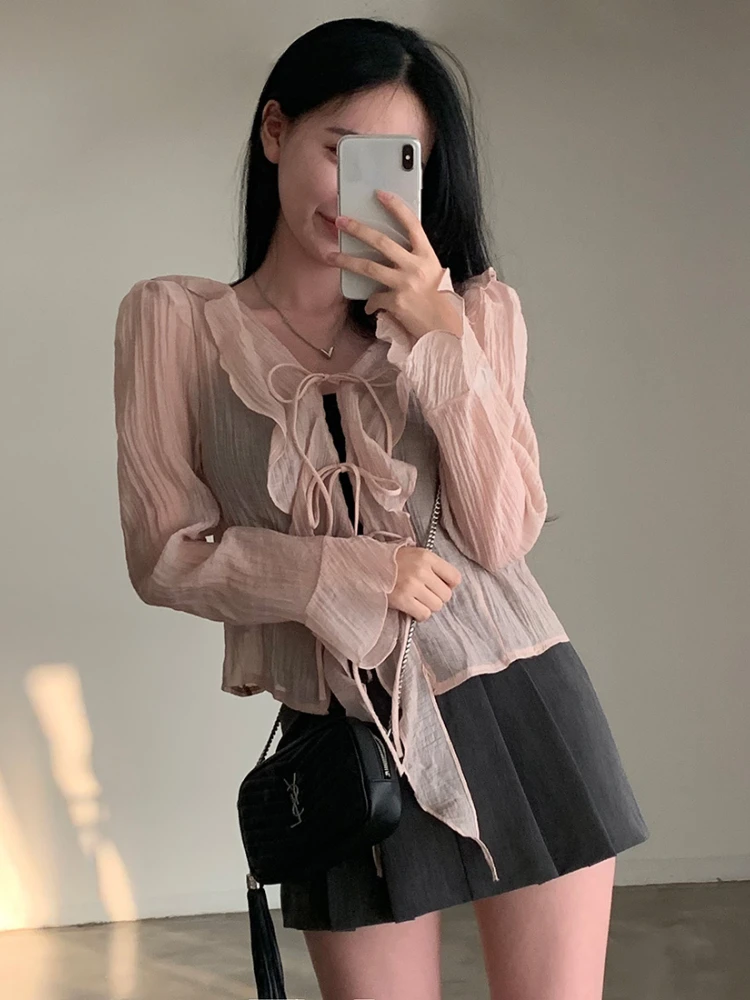 French Solid Flounce Patchwork Chiffon Shirts Women Casual V Neck Lace Up Long Sleeve Top Female Vintage Loose Sun Proof Tops