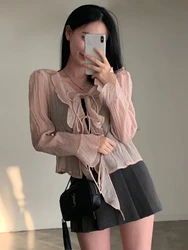 French Solid Flounce Patchwork Chiffon Shirts Women Casual V Neck Lace Up Long Sleeve Top Female Vintage Loose Sun Proof Tops