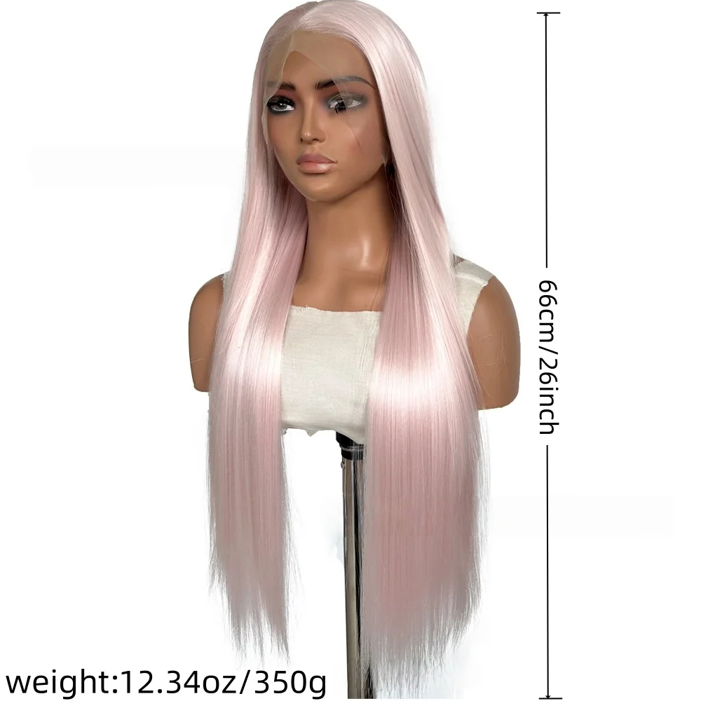 여성용 연분홍색 가발 13x4 레이스 프론트 가발 26인치 롱 스트레이트 가발 코스프레 로리타용 고온 섬유 합성 가발