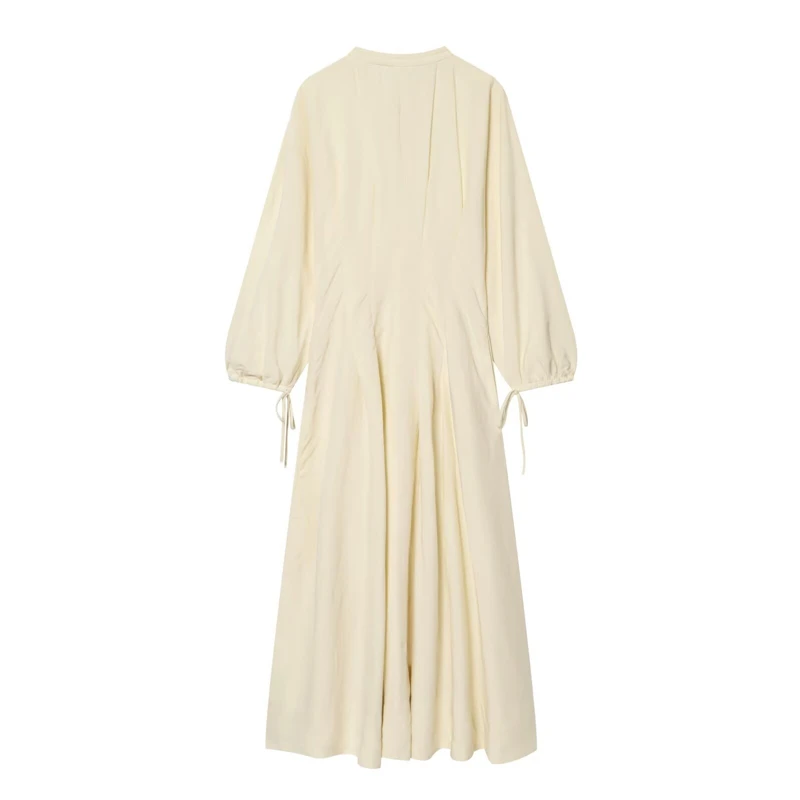 KEYANKETIAN 2026 Cream Midi Dress Ruffle Tie Neck Balloon Sleeve Drawstring Cuff Pleated Flowy A Line Vacation Long Dress