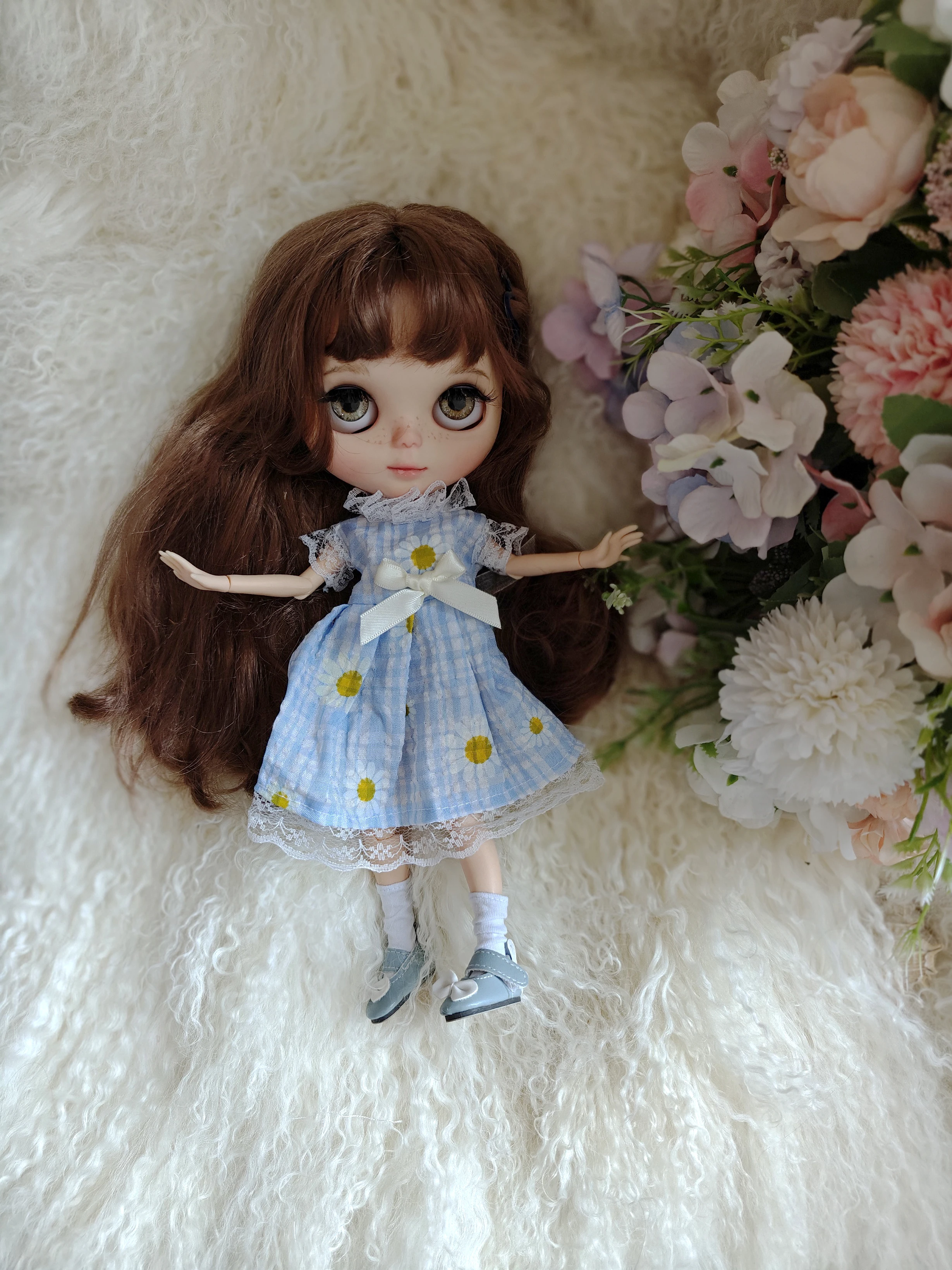 blythe doll dress spring Blue Daisy flowers skirt set 28-30cm OB22 OB24 AZONE blythe doll clothes accessories dress