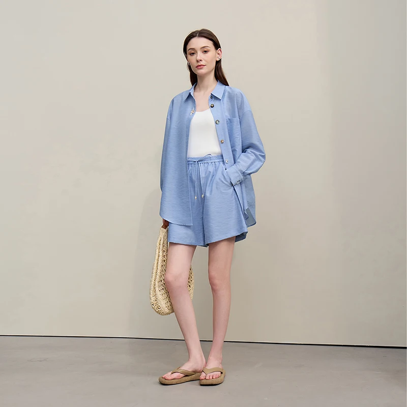 Amii Women's Casual Shirts 2026 Summer New Holiday Style Separate Shorts Long Sleeve Top Single Loose Solid Shorts 12652027