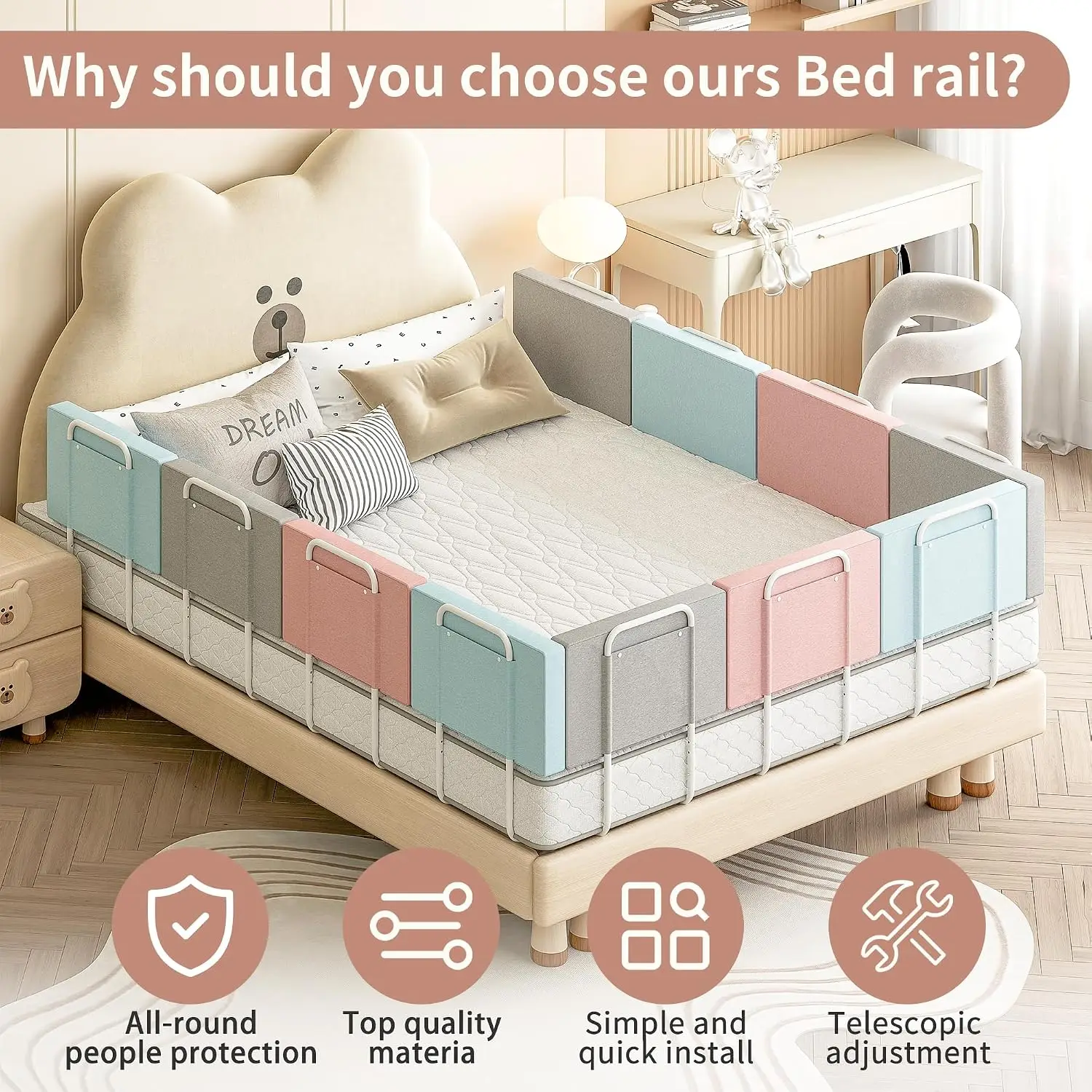 Bed Rail, Bed Rail for Toddlers, Kid, 78.7 Inch Bed Side Rails Safety for Queen, King, Full, Twin, Bunk, Dorm Beds to Prevent Fa