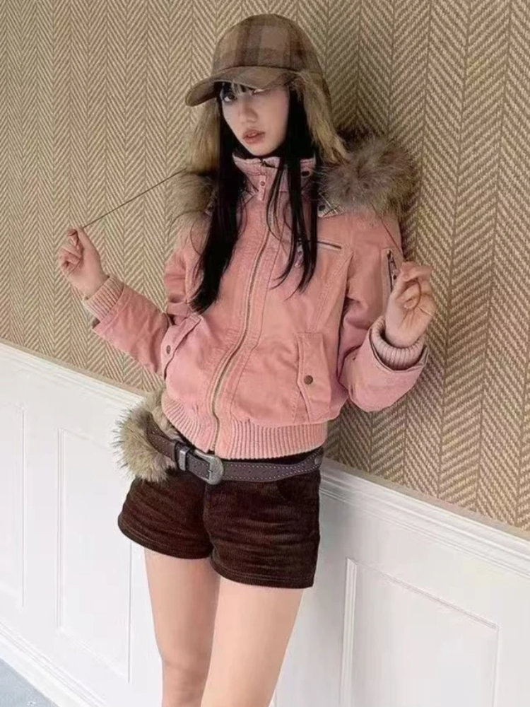 Korean Fashion Womens Faux Fur Parka Coat Y2K Vintage Cotton‑padded Jacket Warm Daily Outdoor Casual Outer Garment Top Winter