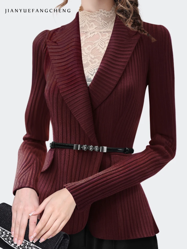 Fashion Lapel Collar Women Sweater With Belt Elegant Slim Striped Knitted Tops Long Sleeve V-neck Warm Thicken Wool Cardigans