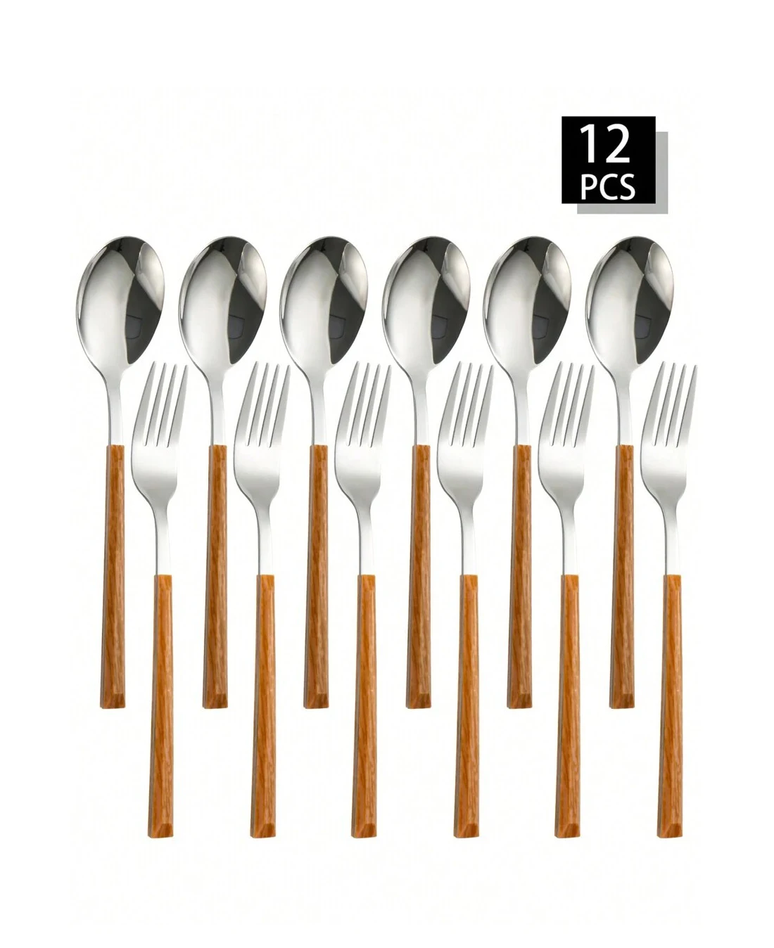 Juego de cubiertos de acero inoxidable con mango de imitación de madera, tenedor y cuchara, adecuado para reuniones familiares, restaurantes, 2/4/8/12 Uds.