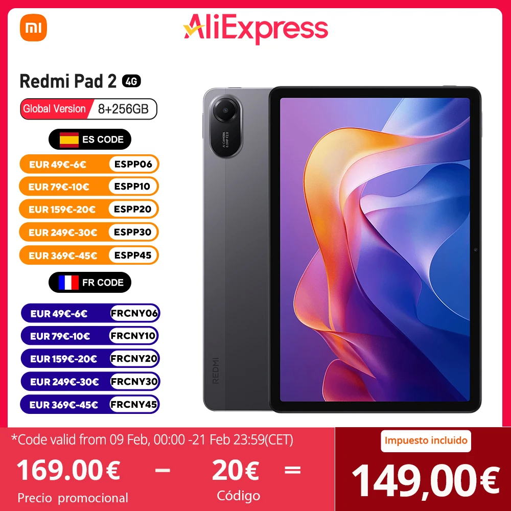 Xiaomi Redmi Pad 2 4G Tablet MediaTek Helio G100-Ultra, 11" Pantalla, 90Hz, 8MP Cámara, 9000mAh Batería, Sin Cargador