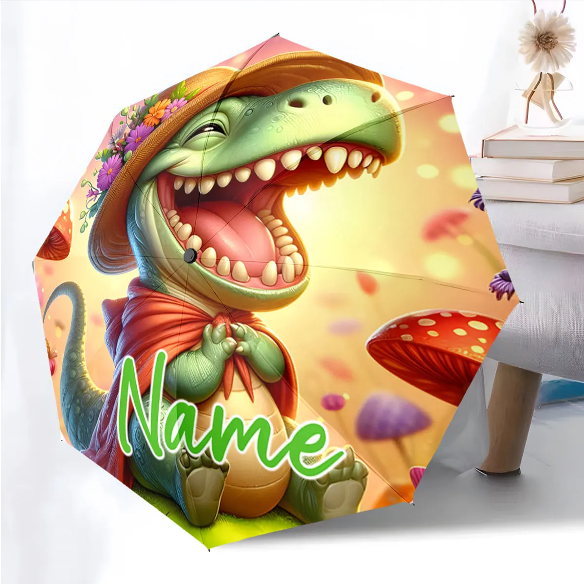 Custom Name Creative Dinosaur Design Umbrella for Fun and Style Print 8 Iron Ribs Folding Umbrella Auto-Open Fashion Sunshade