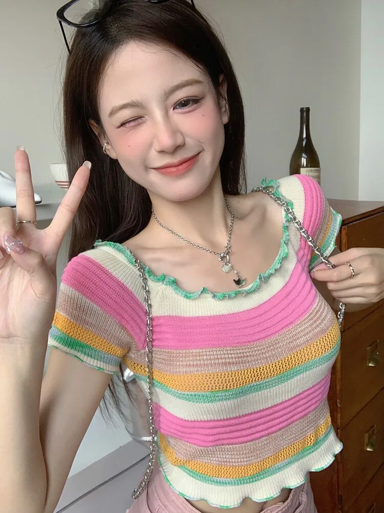 Women's Off-shoulder Striped Short Sleeve T-shirt Knit Top Vintage Y2K Gyaru Tee Top Ruffled Slim Cropped T-shirt Women Summer