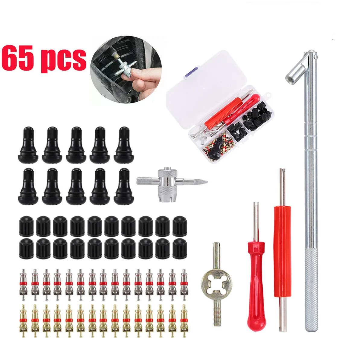 65Pcs Car Bicycle Slotted Handle Tire Valve Stem Core Remover Screwdriver Tire Repair Install Tool Kit Auto Motorcycle Accessor