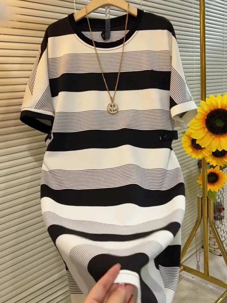 T-shirt ample ort Sve Dr Thin Age-Defng pour femmes, jupe mi-longue rayée ronde, taille haute, printemps été