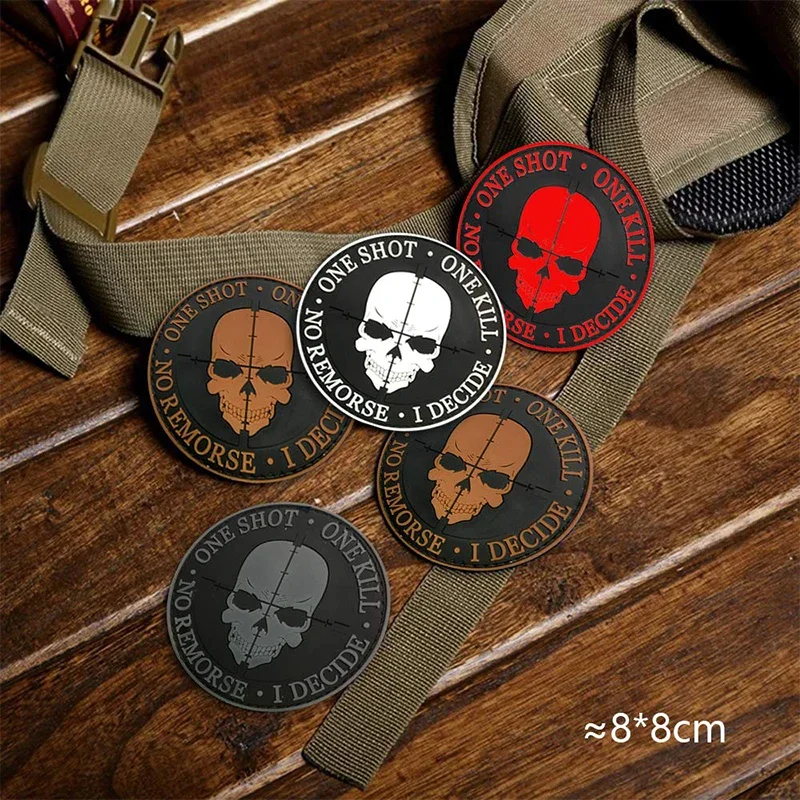 3D Black Sniper One Shot One Kill No Remorse I Decide Morale Badge Rubber Fastener Applique Backing Sticker Tactical PVC Patches