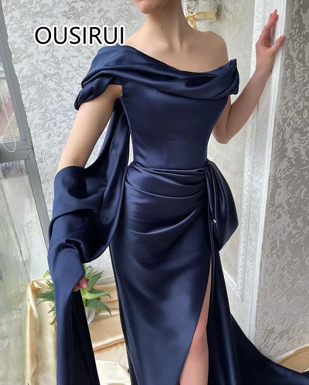 Amazing Off-Shoulder Satin Pleated Formal Evening Dress Mermaid Sexy Side High Split Sweep Trian Bridesmaid Prom Gown Custom