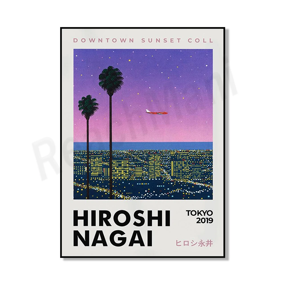 Japanese artist Hiroshi Nagai poster, sunset purple art in