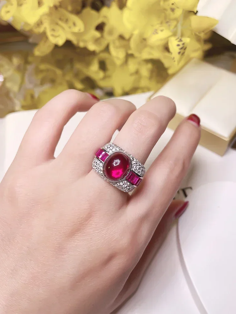 Luxury Set Artificial Red Chalcedony 925 Silver Ring with High Carbon Diamond Ring Vintage Wedding Jewelry
