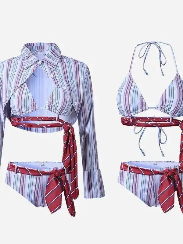 Femme été fille chaude rayé pur désir Bikini taille haute Sexy uniforme Bikinis maillot de bain femmes maillots de bain Sexy femmes J8CX