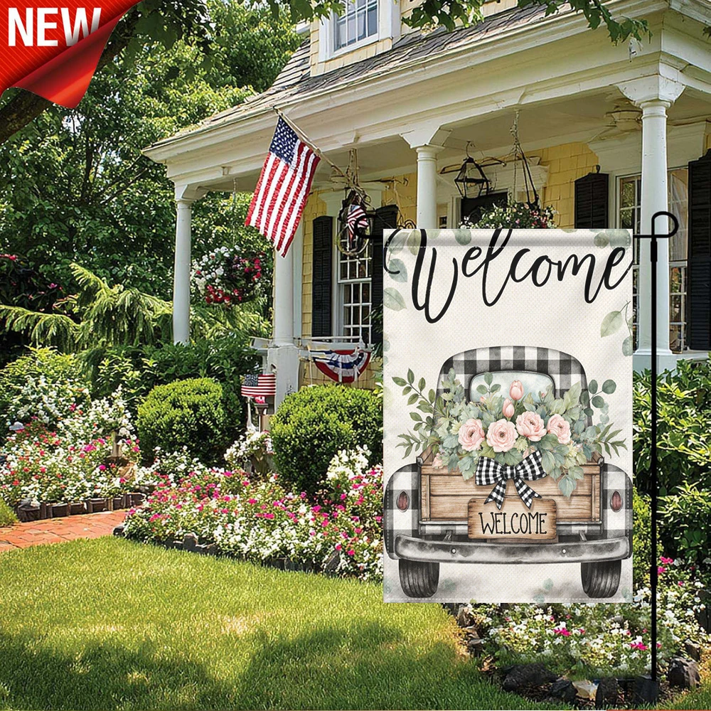 

1PC, Welcome Vintage Plaid Truck Floral Garden Flag, Double Sided Pink Rose Eucalyptus Welcome Yard Flag, Rustic Farmhouse Outdoor Decorative Flag for Front Porch Patio Lawn Garden Seasonal Holiday Decor, Large Welcome Garden Flag