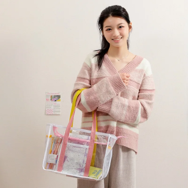 1pcs Transparent PVC Mesh Shoulder Bag with Bright Color Trims and Zipper Pocket