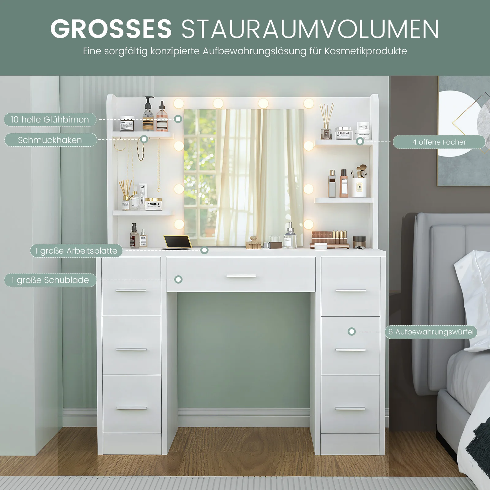 طاولة تزيين بيضاء مع إضاءة LED ومرآة، طاولة مستحضرات تجميل مع 7 أدراج، 6 أقسام، خزانة ذات أدراج حديثة لغرفة النوم